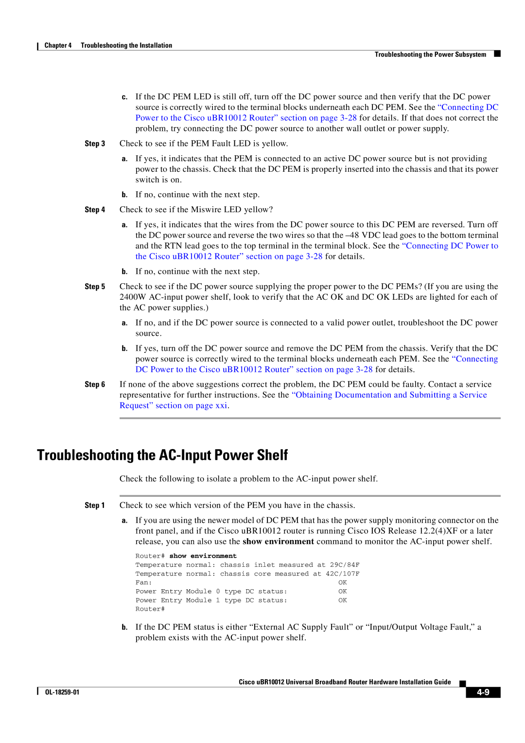 Cisco Systems Cisco uBR10012 manual Troubleshooting the AC-Input Power Shelf 