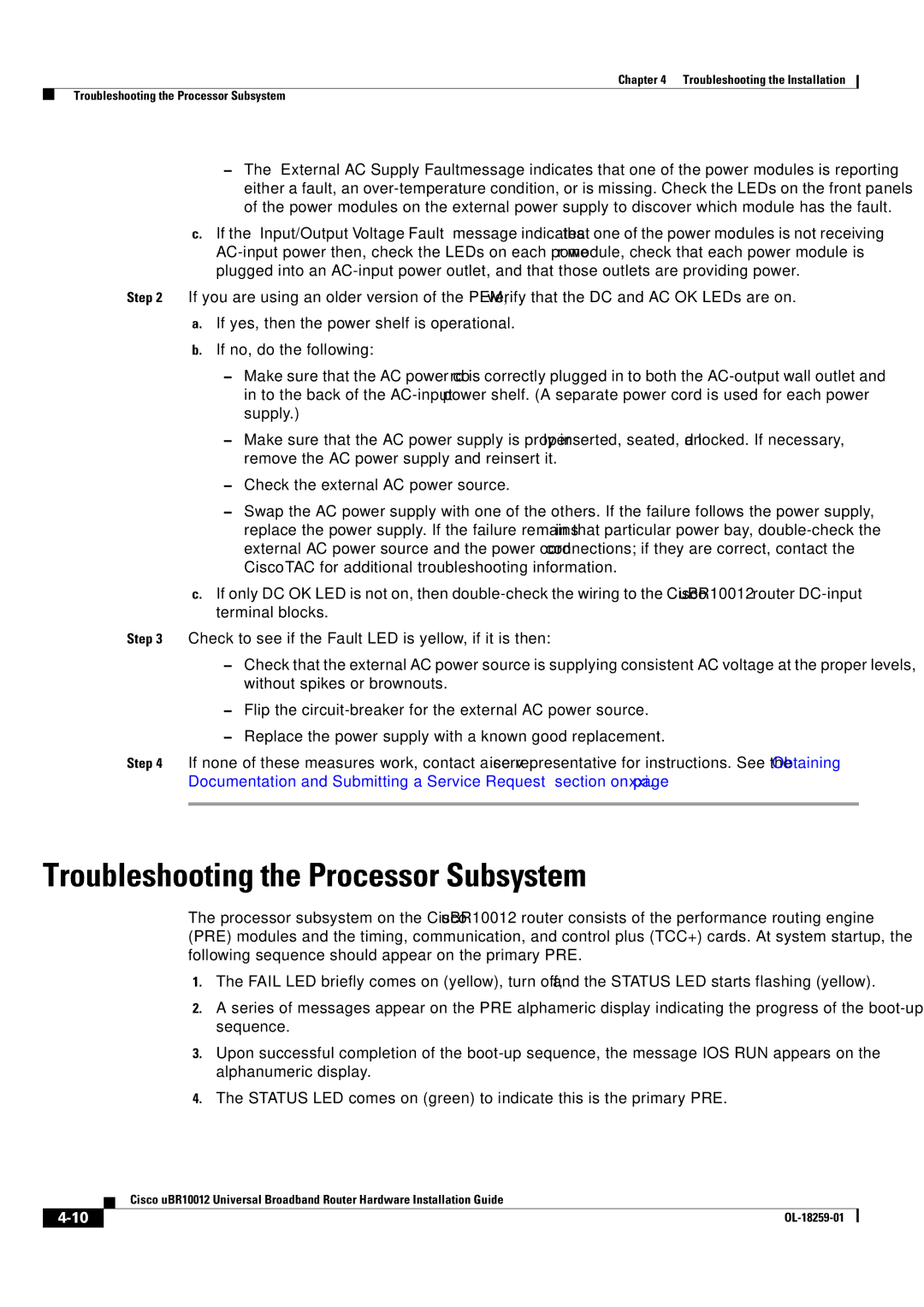 Cisco Systems Cisco uBR10012 manual Troubleshooting the Processor Subsystem 