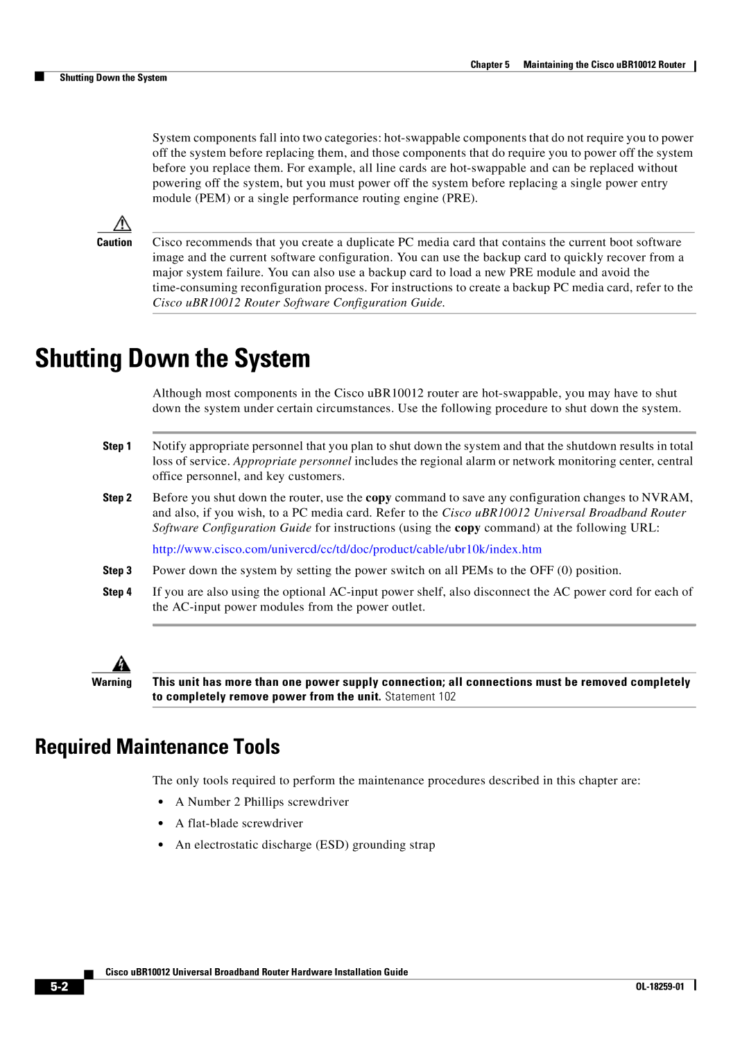 Cisco Systems Cisco uBR10012 manual Shutting Down the System, Required Maintenance Tools 