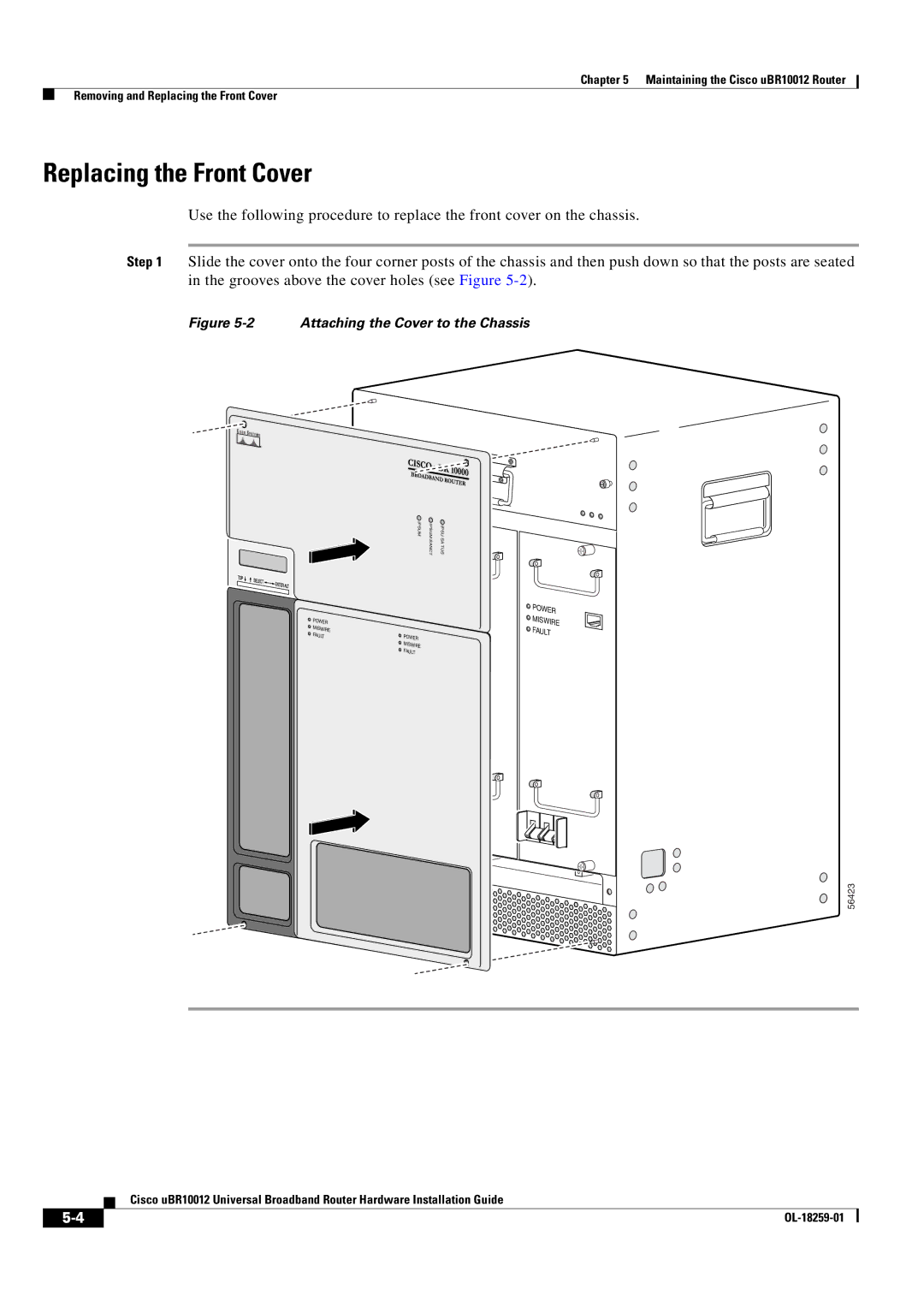 Cisco Systems Cisco uBR10012 manual Replacing the Front Cover, Attaching the Cover to the Chassis 