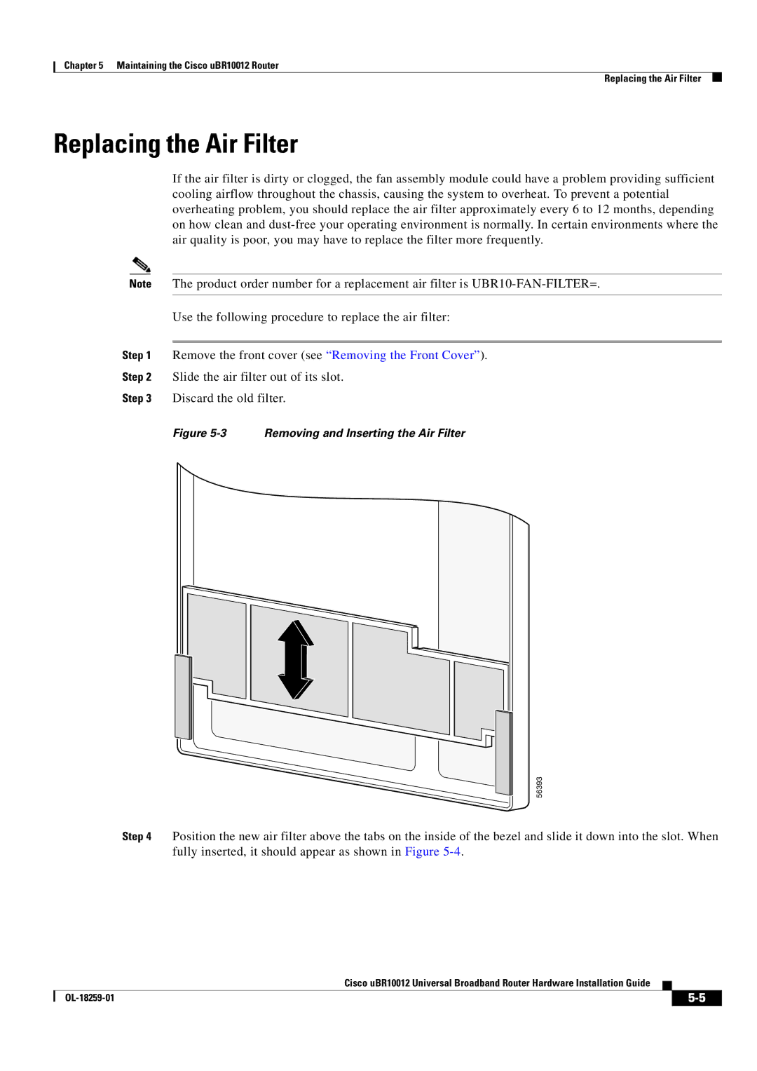 Cisco Systems Cisco uBR10012 manual Replacing the Air Filter, Removing and Inserting the Air Filter 