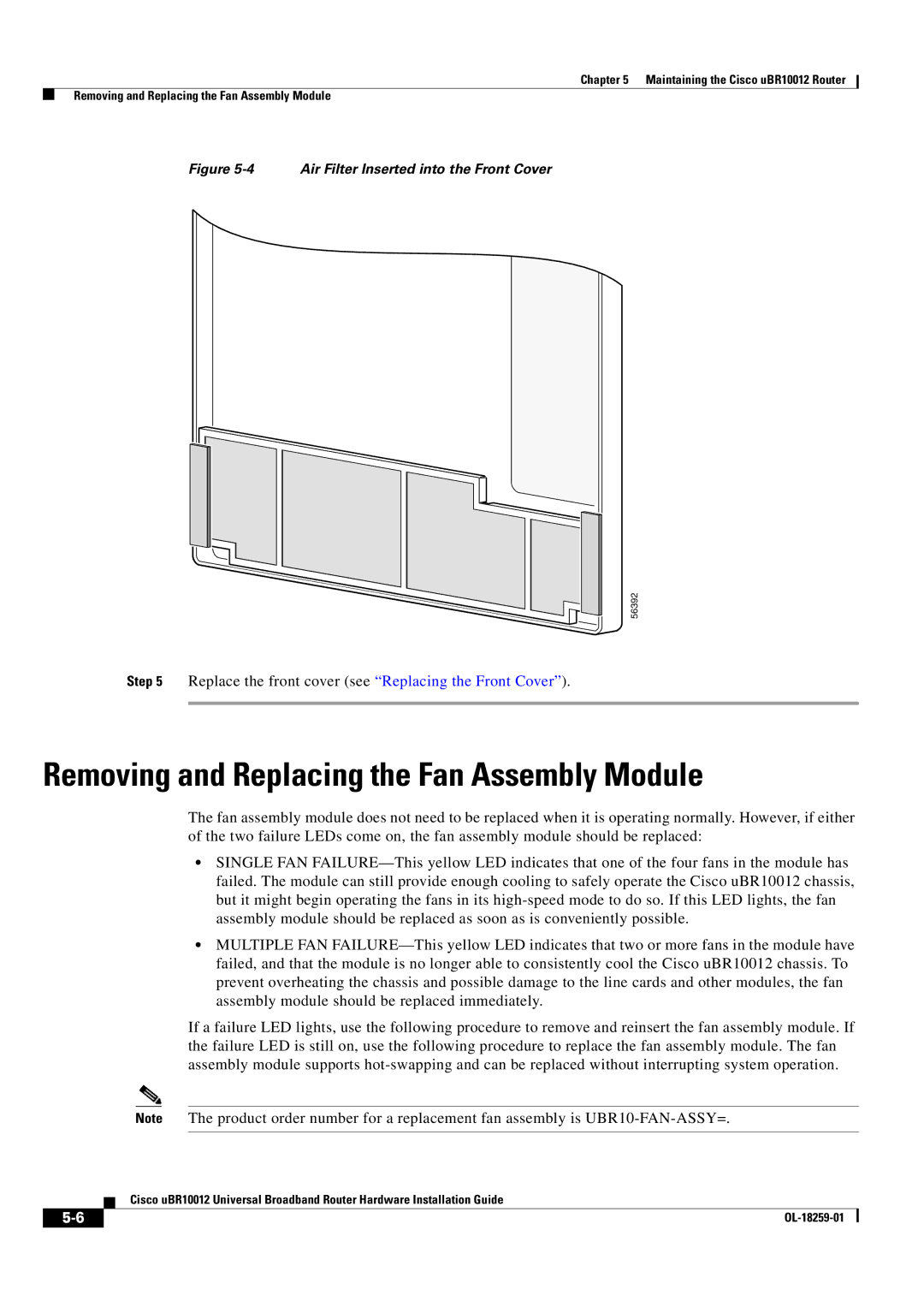 Cisco Systems Cisco uBR10012 Removing and Replacing the Fan Assembly Module, Air Filter Inserted into the Front Cover 