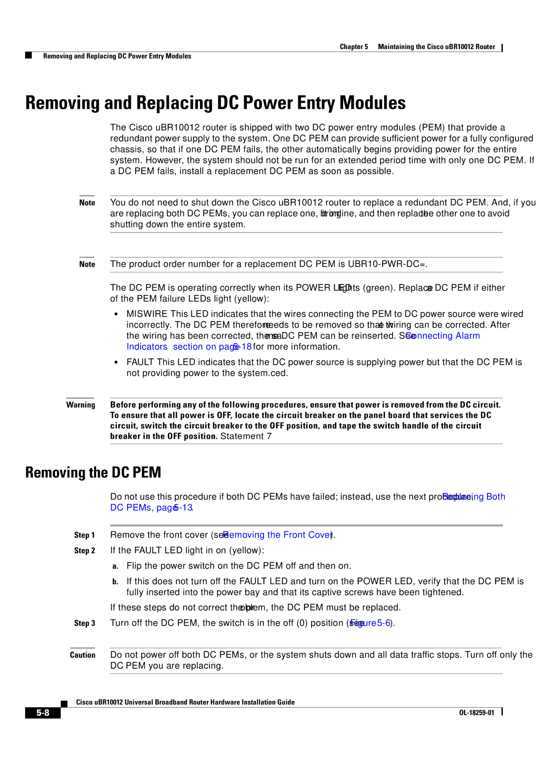 Cisco Systems Cisco uBR10012 manual Removing and Replacing DC Power Entry Modules, Removing the DC PEM 