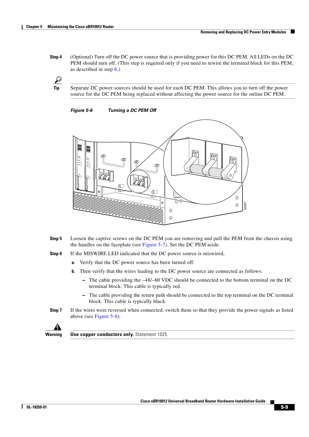 Cisco Systems Cisco uBR10012 manual Turning a DC PEM Off 