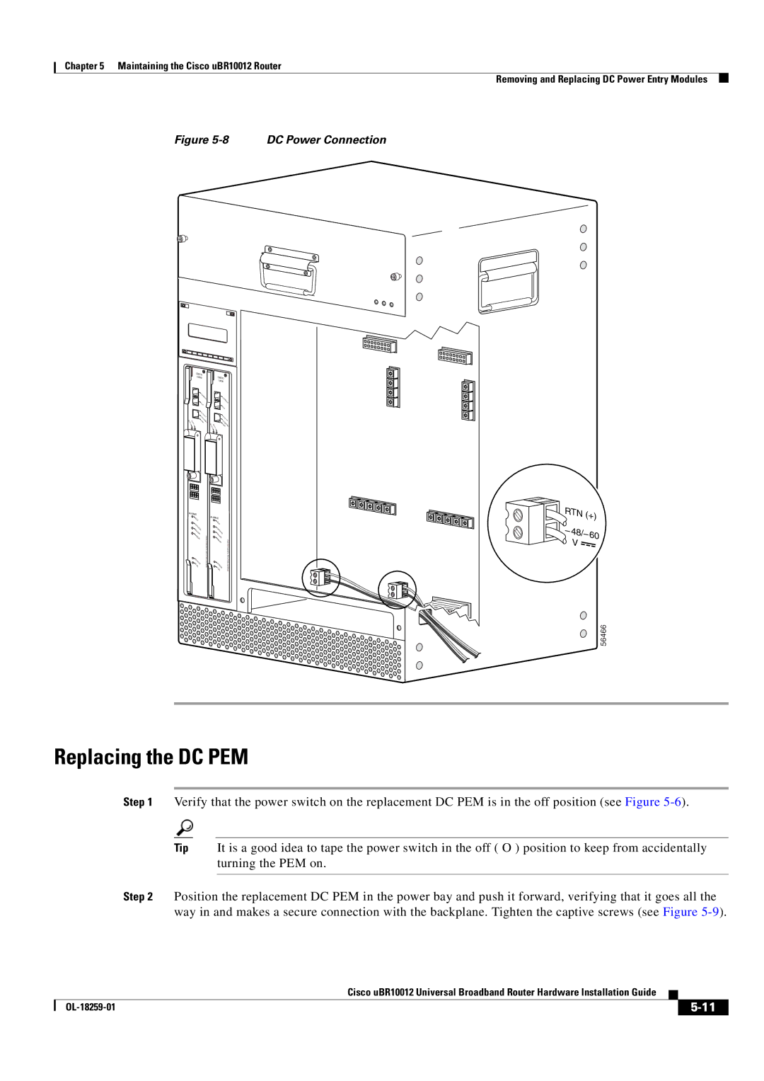 Cisco Systems Cisco uBR10012 manual Replacing the DC PEM, DC Power Connection 