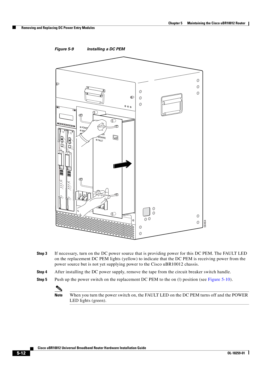 Cisco Systems Cisco uBR10012 manual Installing a DC PEM 