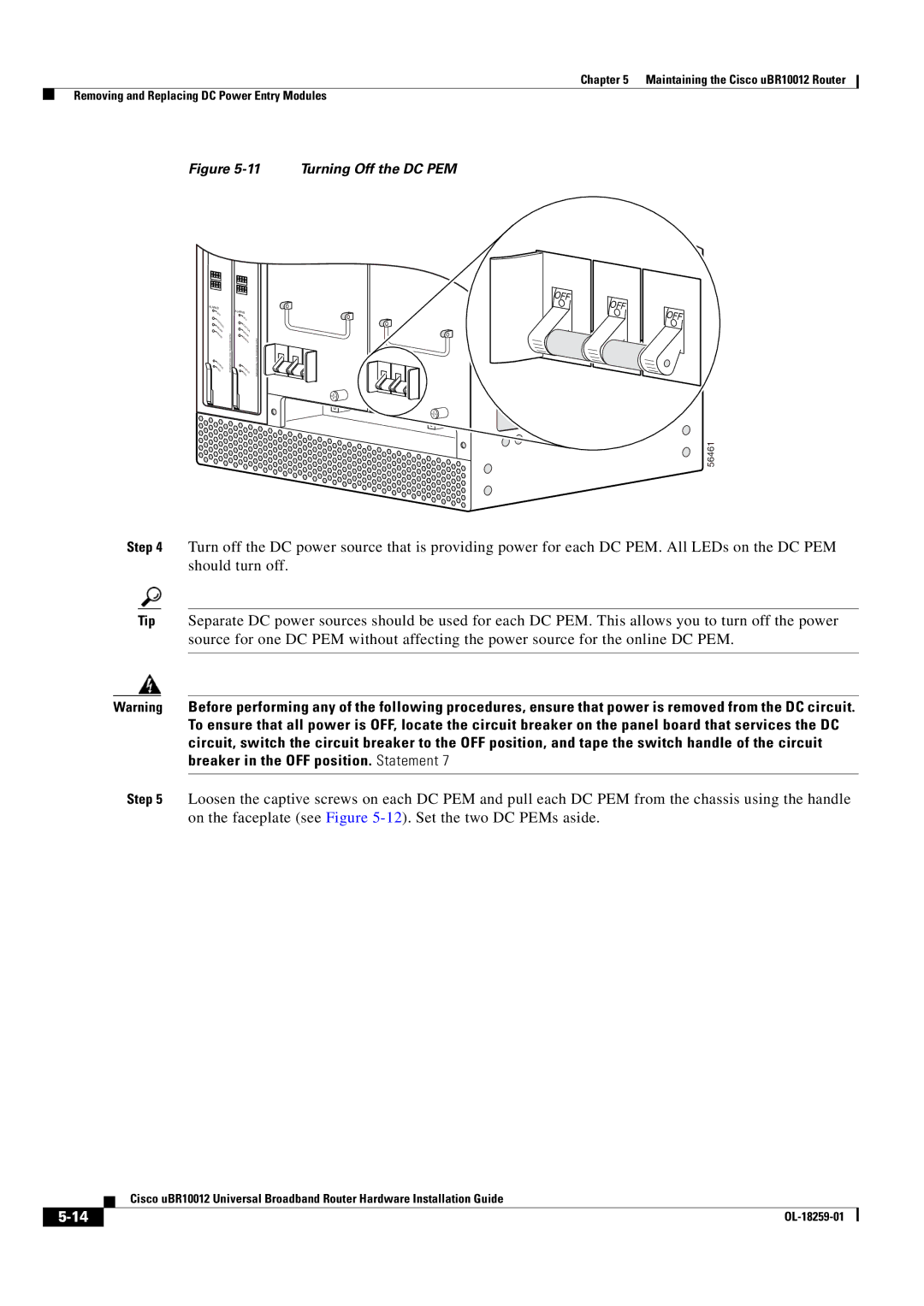 Cisco Systems Cisco uBR10012 manual Turning Off the DC PEM 