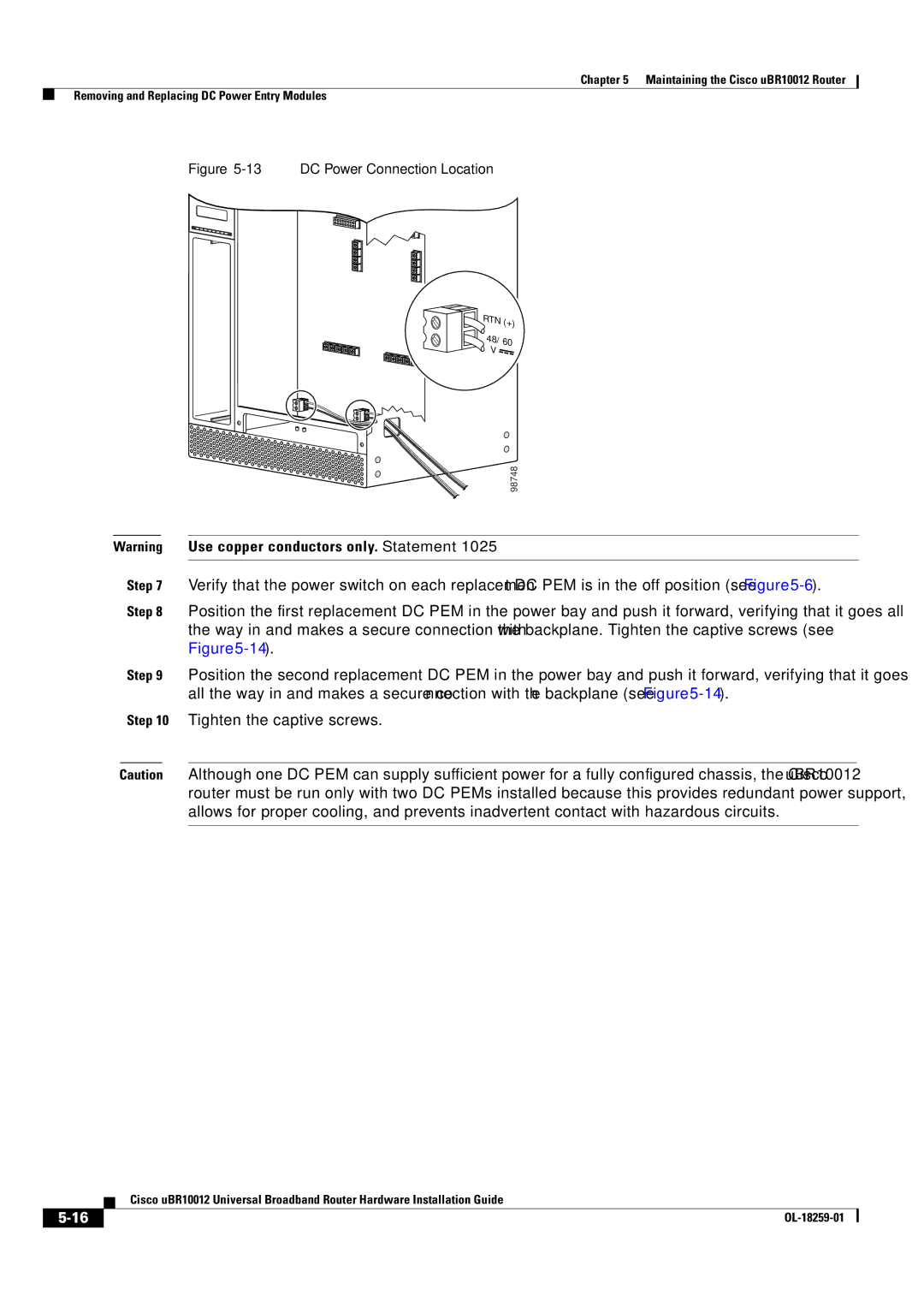 Cisco Systems Cisco uBR10012 manual Use copper conductors only. Statement, DC Power Connection Location 