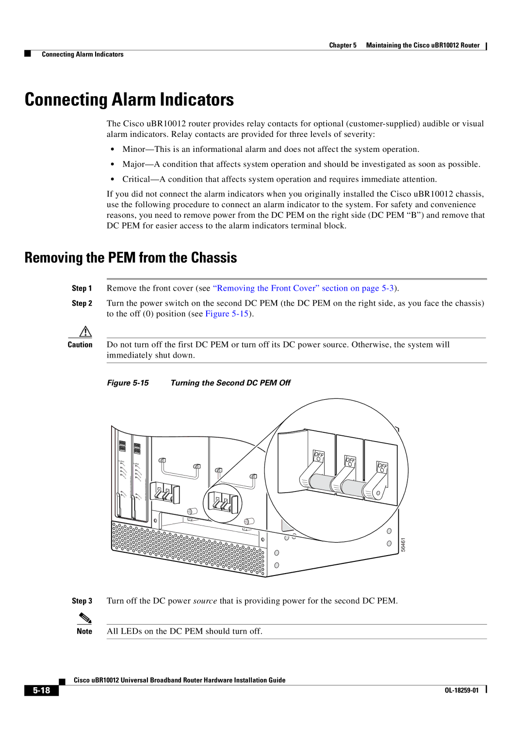 Cisco Systems Cisco uBR10012 manual Removing the PEM from the Chassis, Turning the Second DC PEM Off 