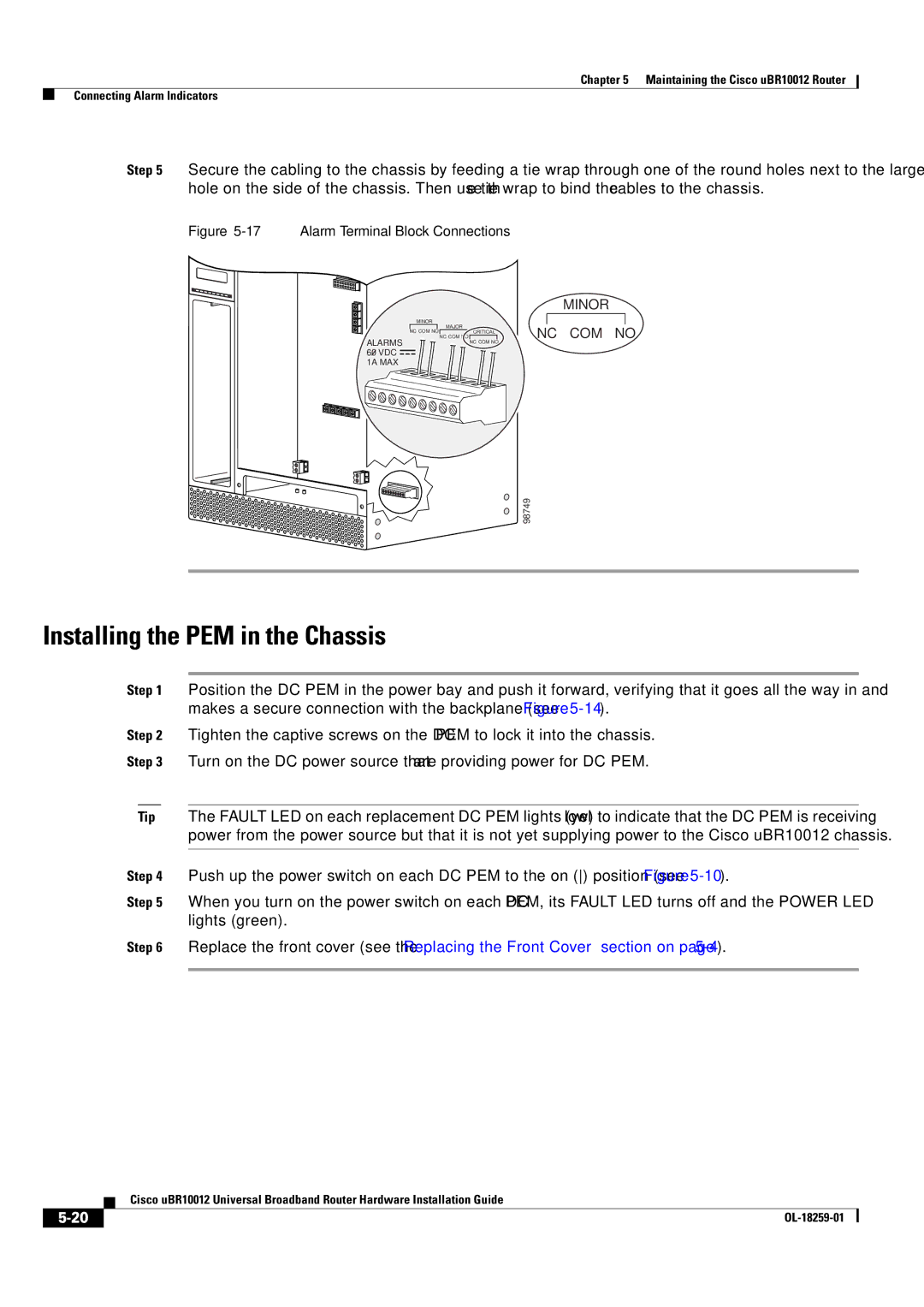 Cisco Systems Cisco uBR10012 manual Installing the PEM in the Chassis, Alarm Terminal Block Connections 