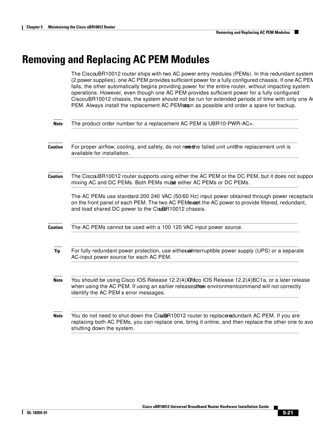 Cisco Systems Cisco uBR10012 manual Removing and Replacing AC PEM Modules 