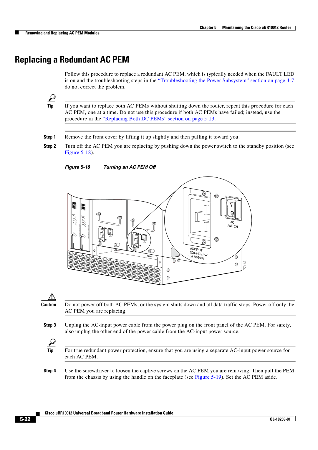 Cisco Systems Cisco uBR10012 manual Replacing a Redundant AC PEM, Turning an AC PEM Off 