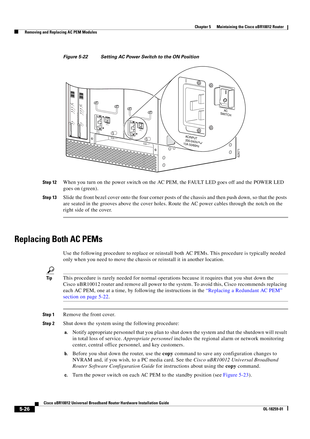 Cisco Systems Cisco uBR10012 manual Replacing Both AC PEMs, Setting AC Power Switch to the on Position 