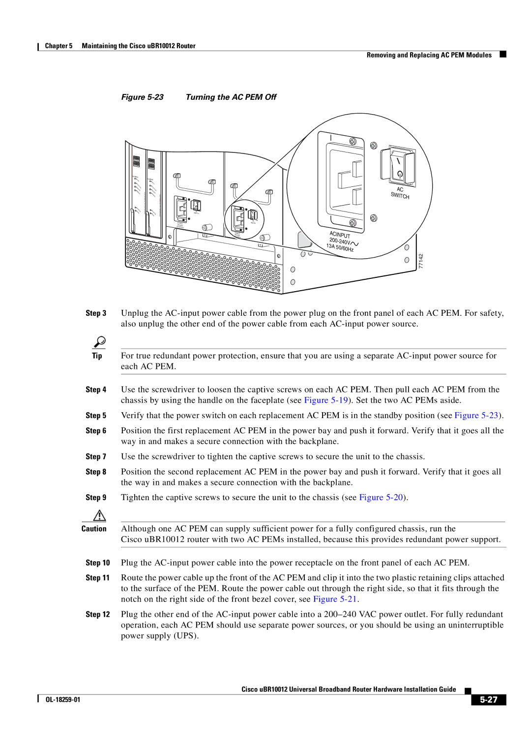 Cisco Systems Cisco uBR10012 manual Turning the AC PEM Off 