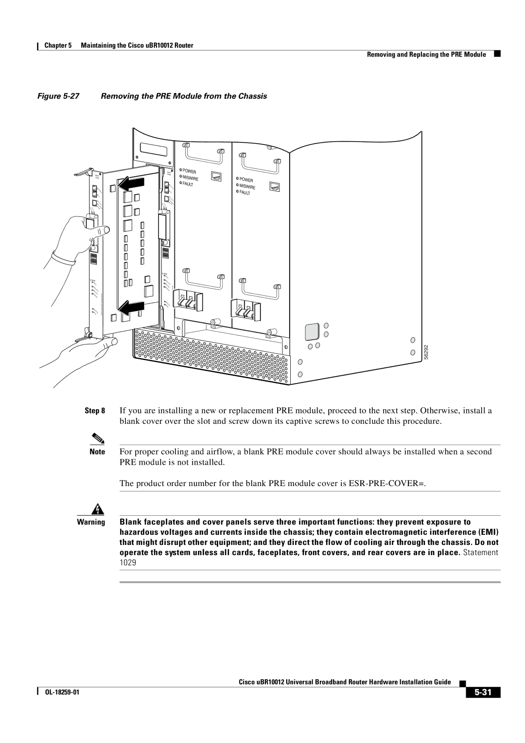 Cisco Systems Cisco uBR10012 manual Removing the PRE Module from the Chassis 