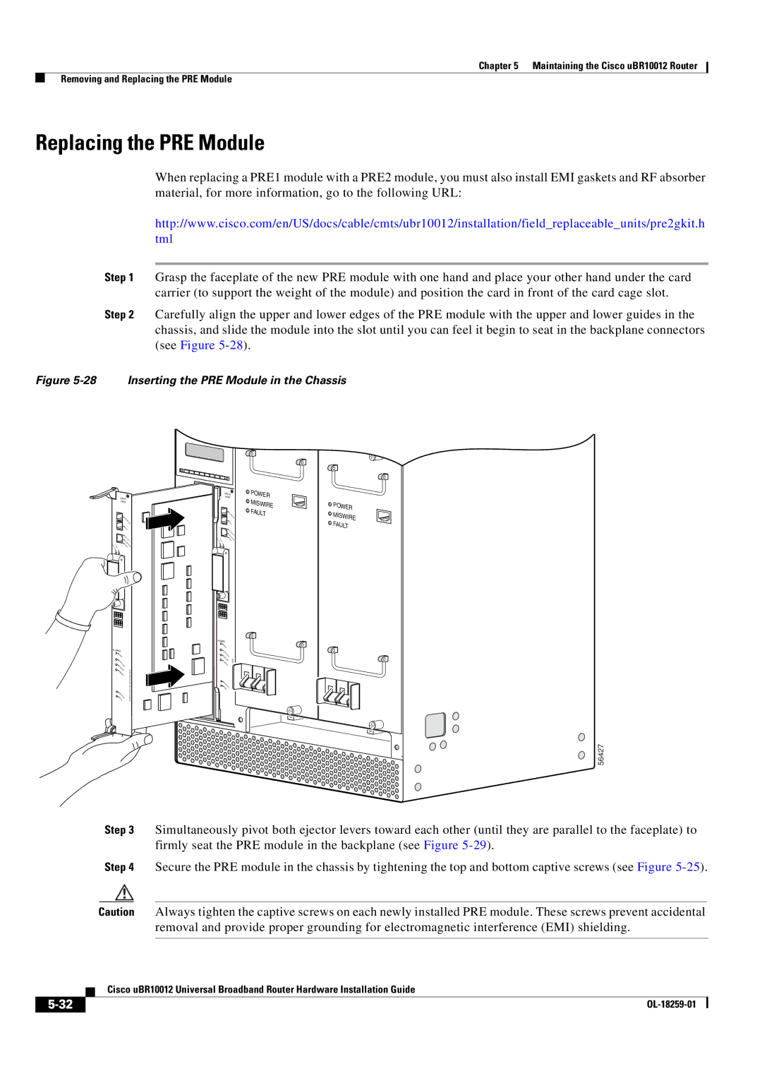 Cisco Systems Cisco uBR10012 manual Replacing the PRE Module, 56427 