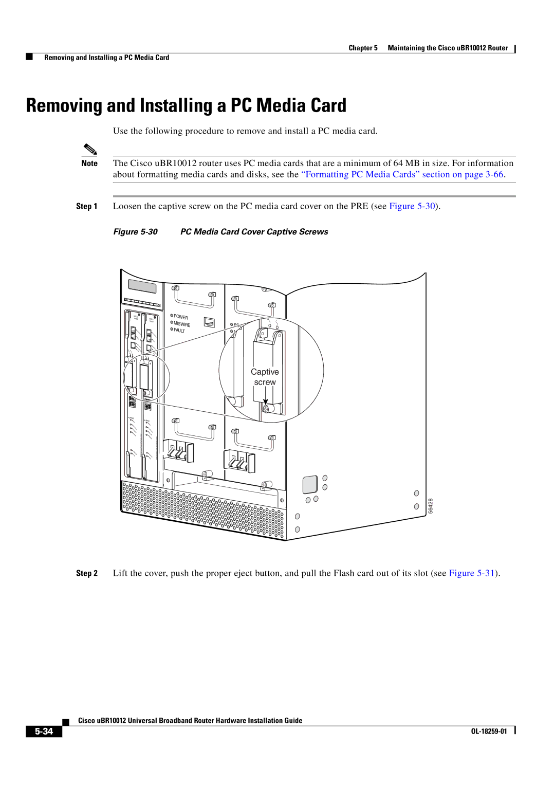 Cisco Systems Cisco uBR10012 manual Removing and Installing a PC Media Card, PC Media Card Cover Captive Screws 