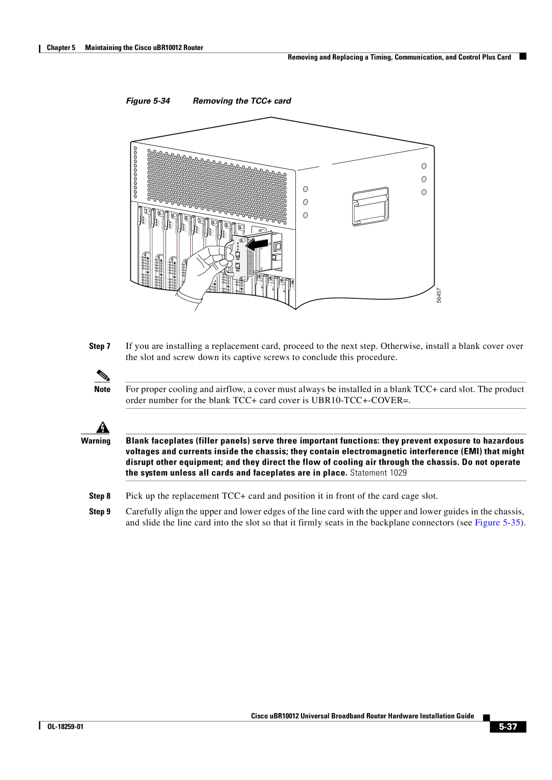 Cisco Systems Cisco uBR10012 manual Removing the TCC+ card 