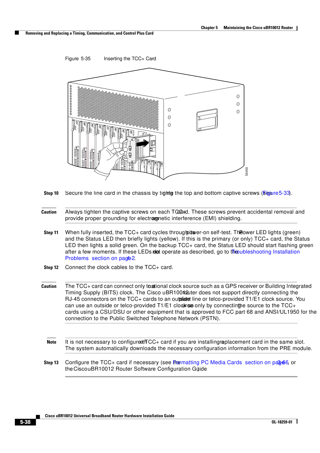 Cisco Systems Cisco uBR10012 manual Connect the clock cables to the TCC+ card 