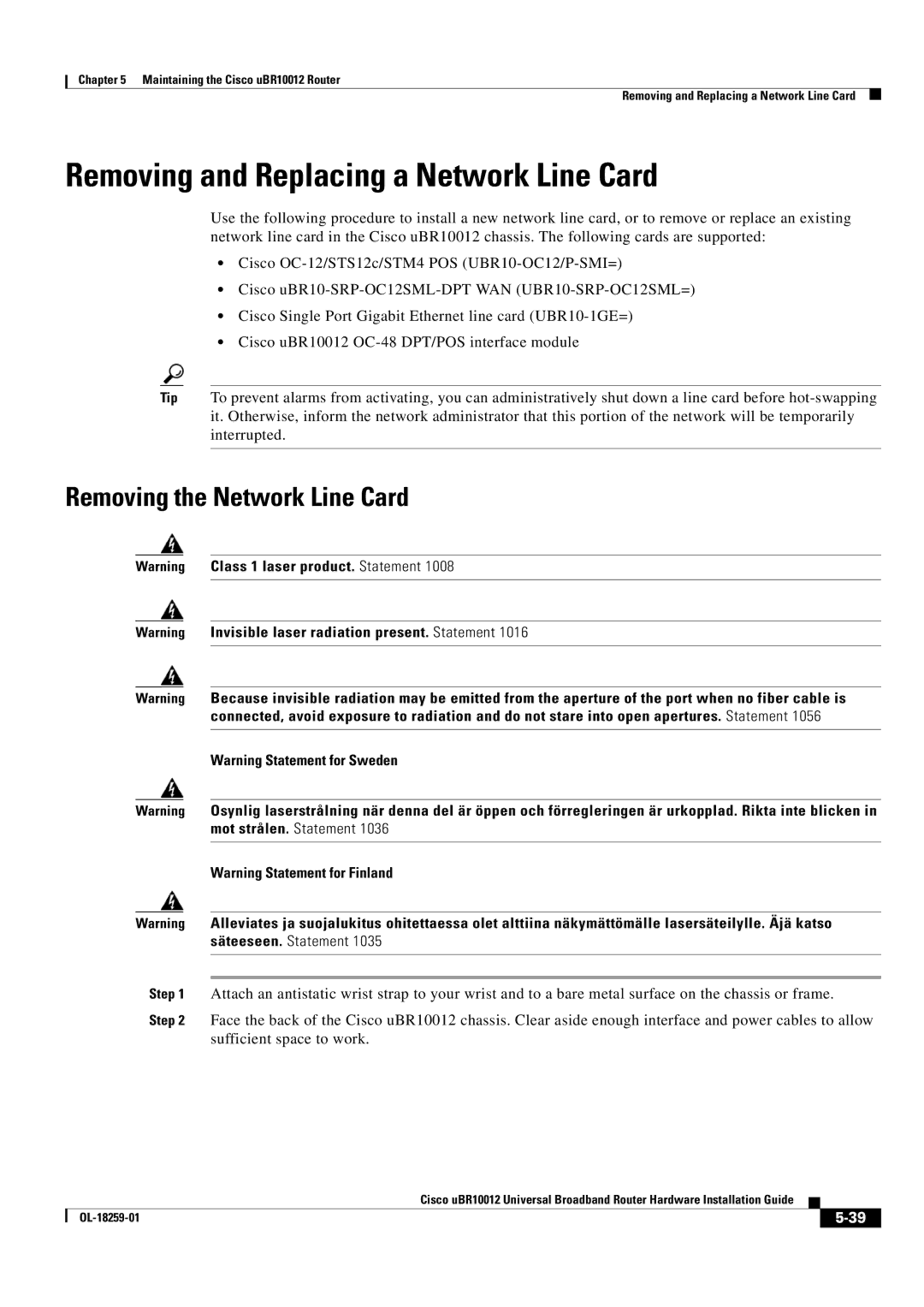 Cisco Systems Cisco uBR10012 manual Removing and Replacing a Network Line Card, Removing the Network Line Card 