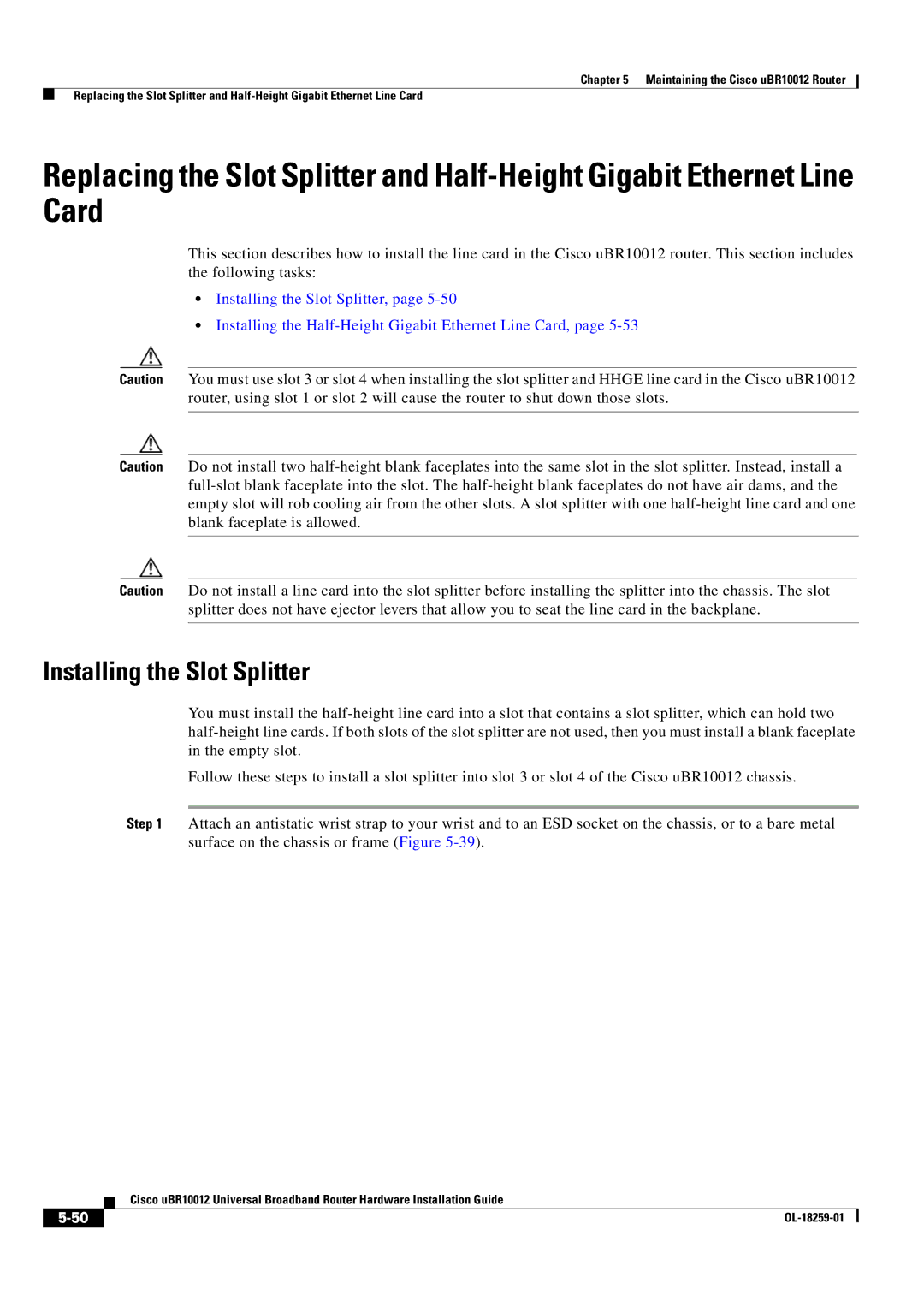 Cisco Systems Cisco uBR10012 manual Installing the Slot Splitter 