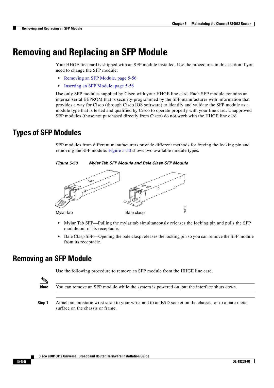 Cisco Systems Cisco uBR10012 manual Removing and Replacing an SFP Module, Types of SFP Modules, Removing an SFP Module 