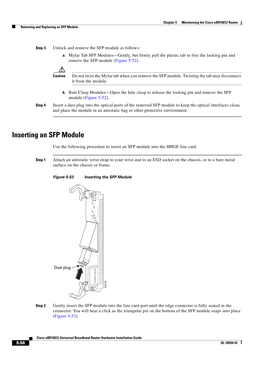 Cisco Systems Cisco uBR10012 manual Inserting an SFP Module, Inserting the SFP Module 