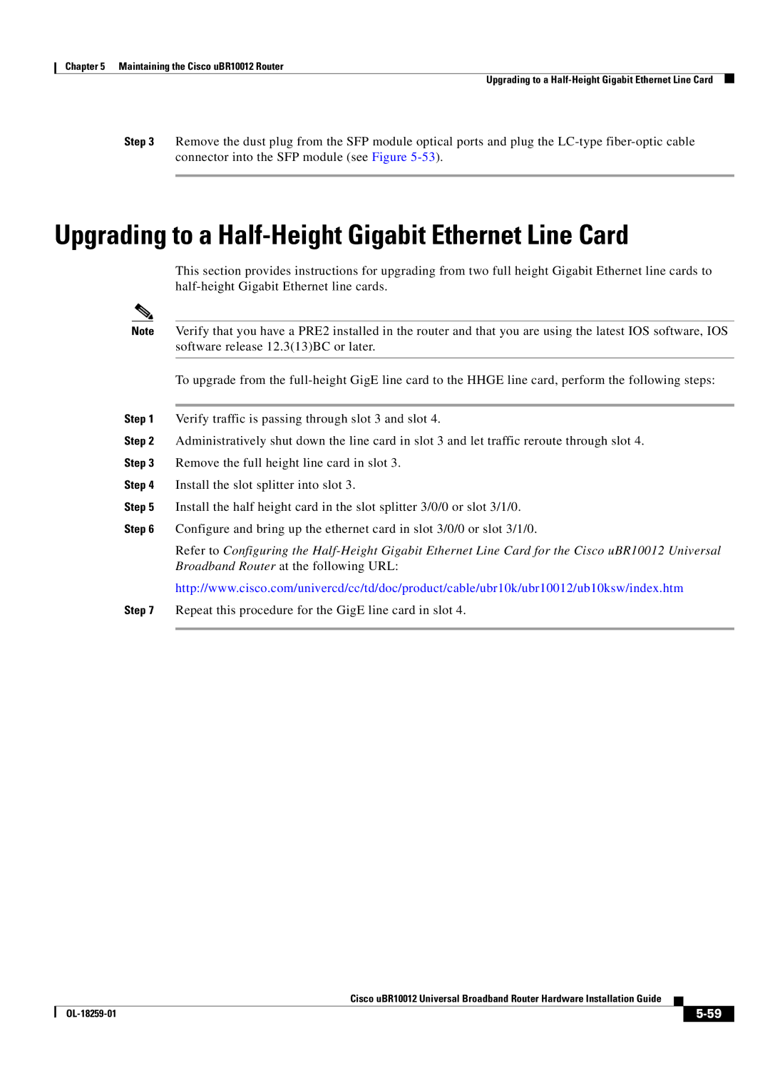 Cisco Systems Cisco uBR10012 manual Upgrading to a Half-Height Gigabit Ethernet Line Card 