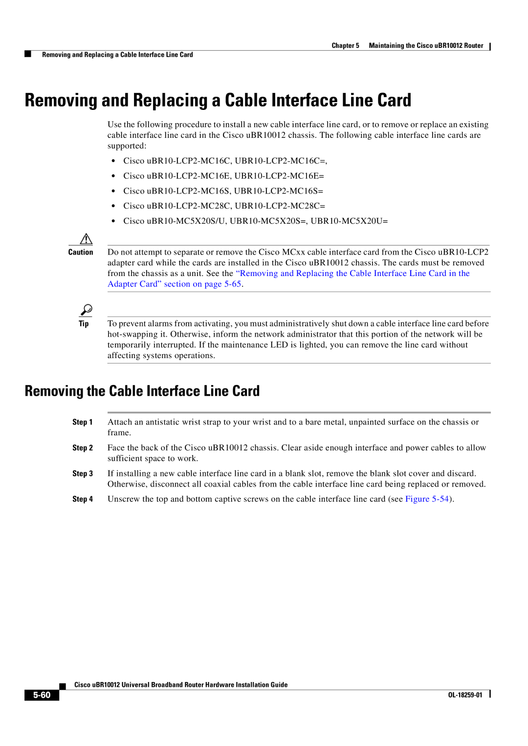 Cisco Systems Cisco uBR10012 Removing and Replacing a Cable Interface Line Card, Removing the Cable Interface Line Card 