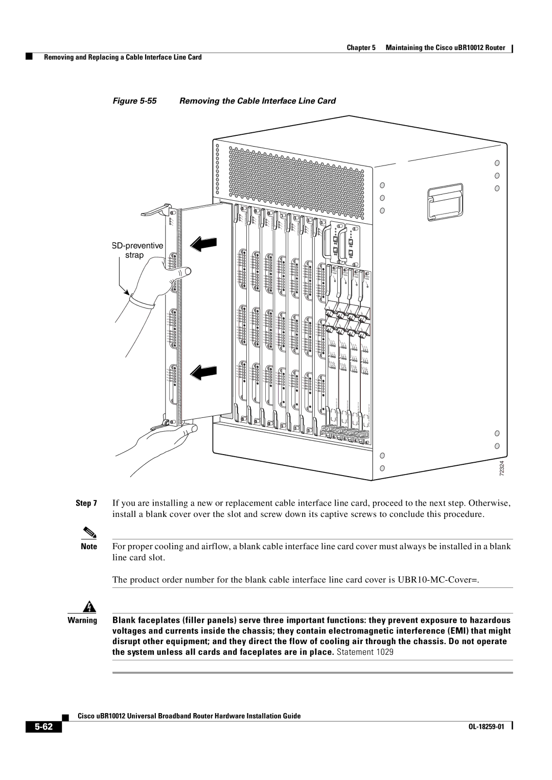 Cisco Systems Cisco uBR10012 manual Removing the Cable Interface Line Card 