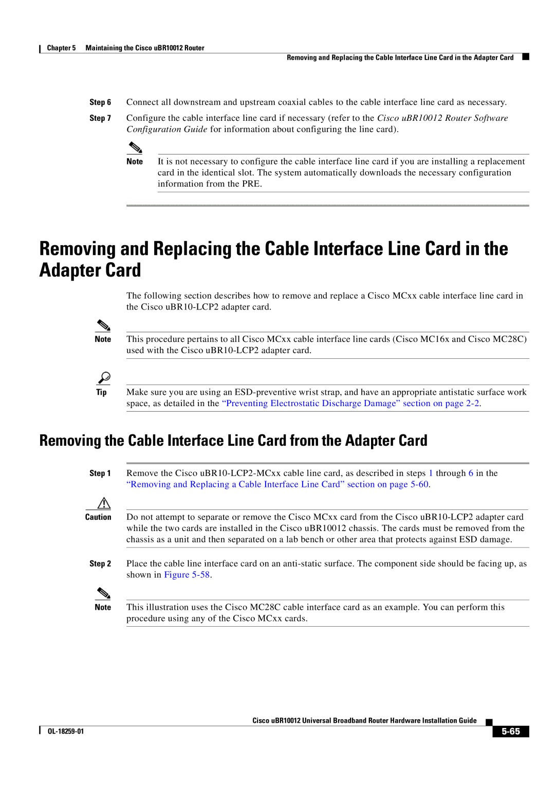 Cisco Systems Cisco uBR10012 manual Removing the Cable Interface Line Card from the Adapter Card 