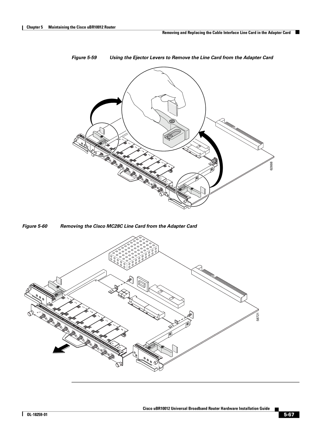 Cisco Systems Cisco uBR10012 manual Removing the Cisco MC28C Line Card from the Adapter Card 