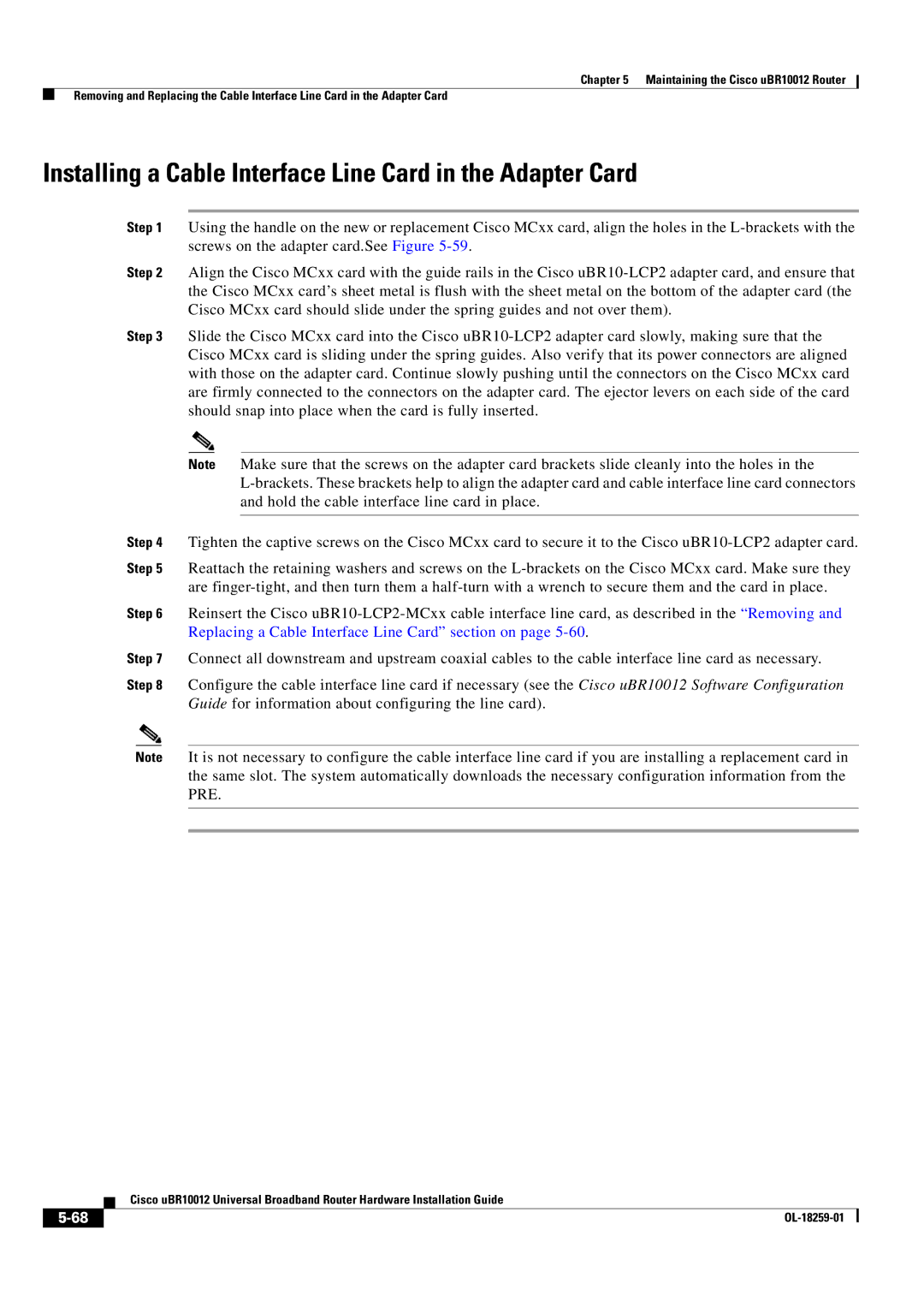 Cisco Systems Cisco uBR10012 manual Installing a Cable Interface Line Card in the Adapter Card 