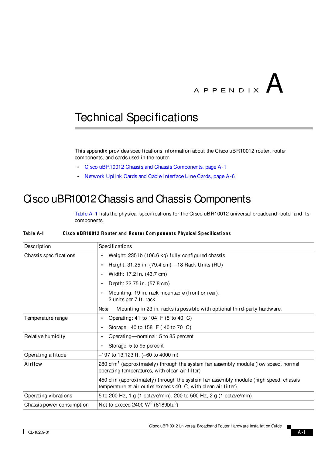 Cisco Systems manual Cisco uBR10012 Chassis and Chassis Components, Description Specifications 