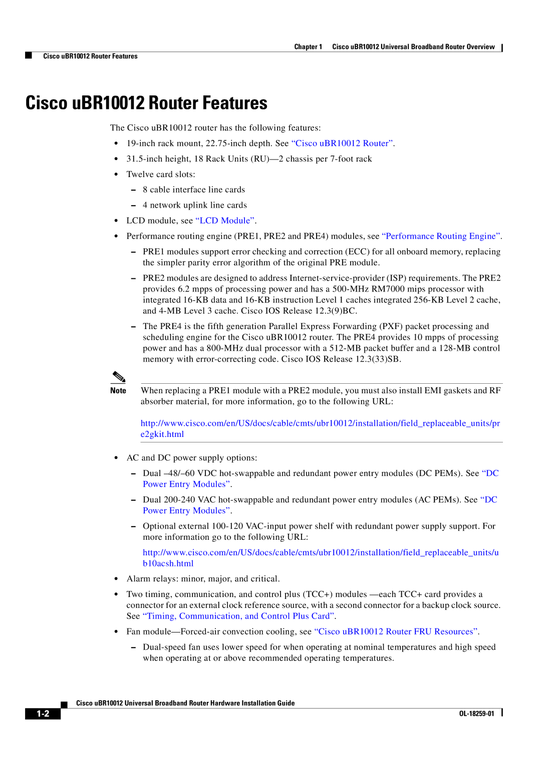 Cisco Systems manual Cisco uBR10012 Router Features 