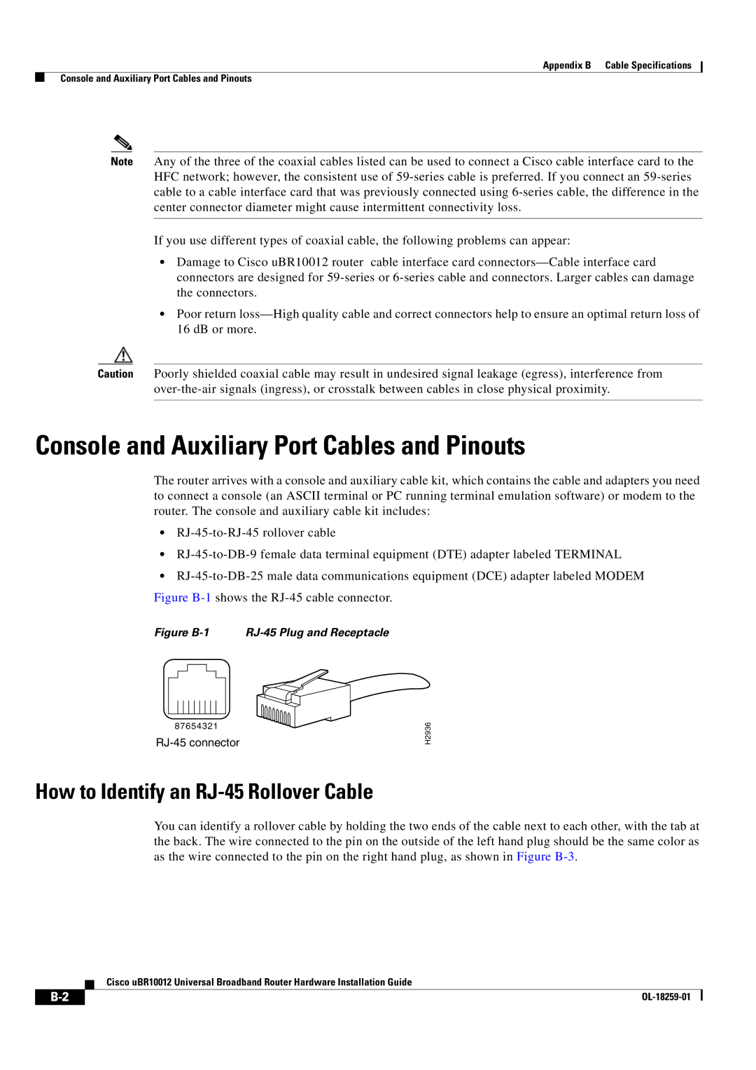 Cisco Systems Cisco uBR10012 manual Console and Auxiliary Port Cables and Pinouts, How to Identify an RJ-45 Rollover Cable 