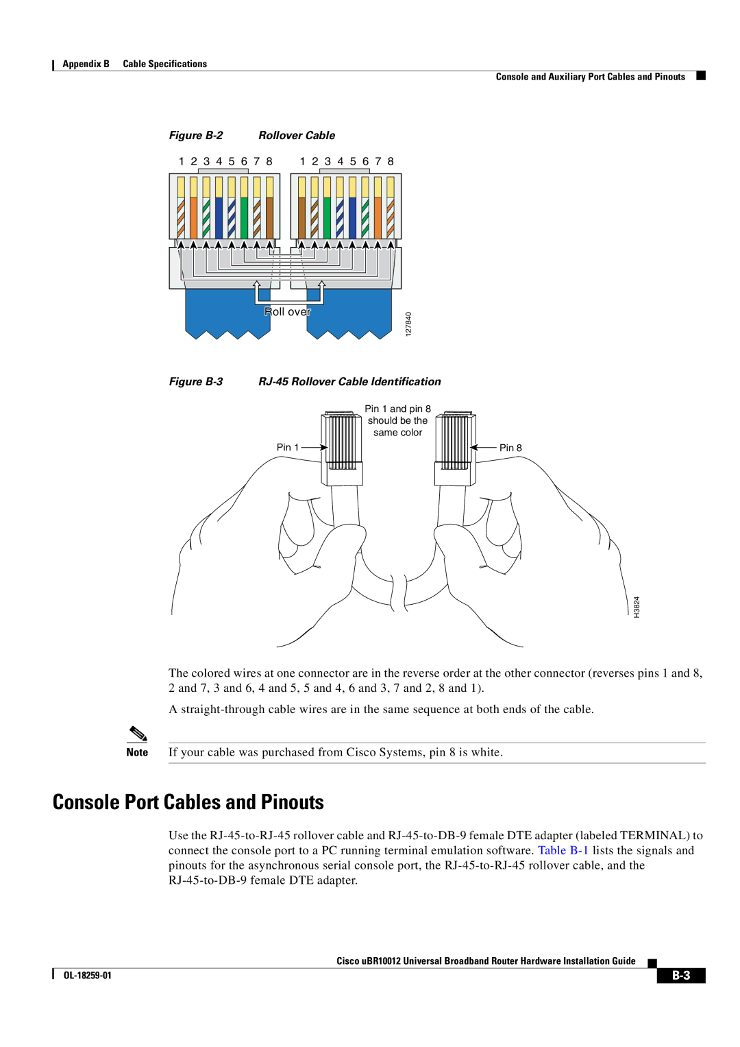 Cisco Systems Cisco uBR10012 manual Console Port Cables and Pinouts, Figure B-2 