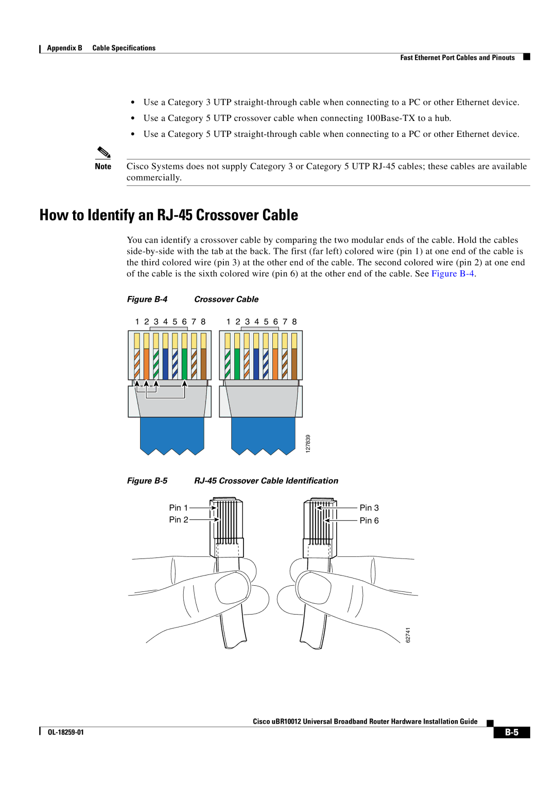 Cisco Systems Cisco uBR10012 manual How to Identify an RJ-45 Crossover Cable, Pin 1 Pin 