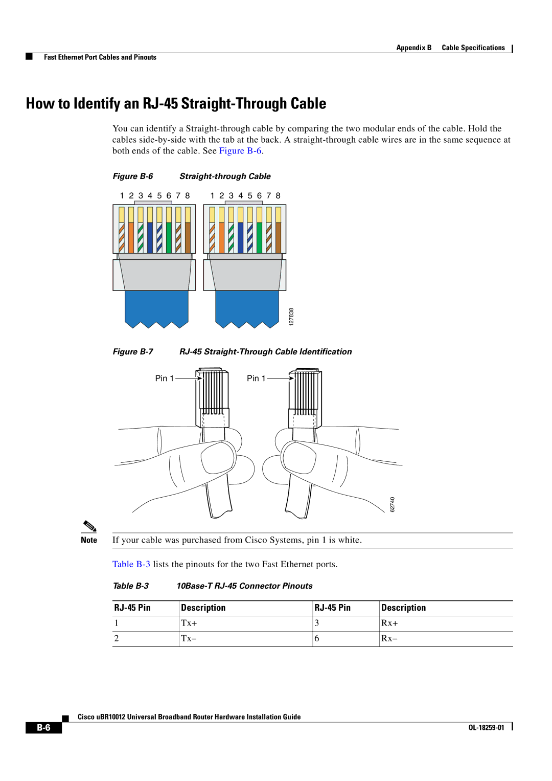 Cisco Systems Cisco uBR10012 manual How to Identify an RJ-45 Straight-Through Cable, RJ-45 Pin Description 