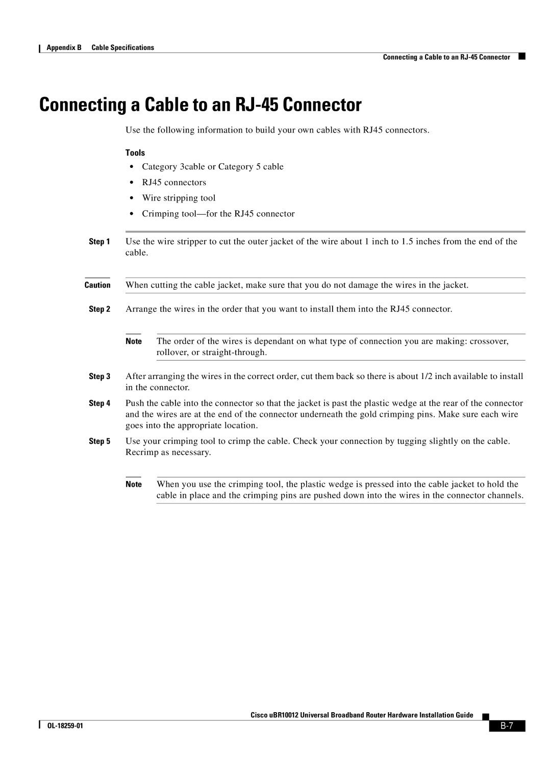 Cisco Systems Cisco uBR10012 manual Connecting a Cable to an RJ-45 Connector, Tools 