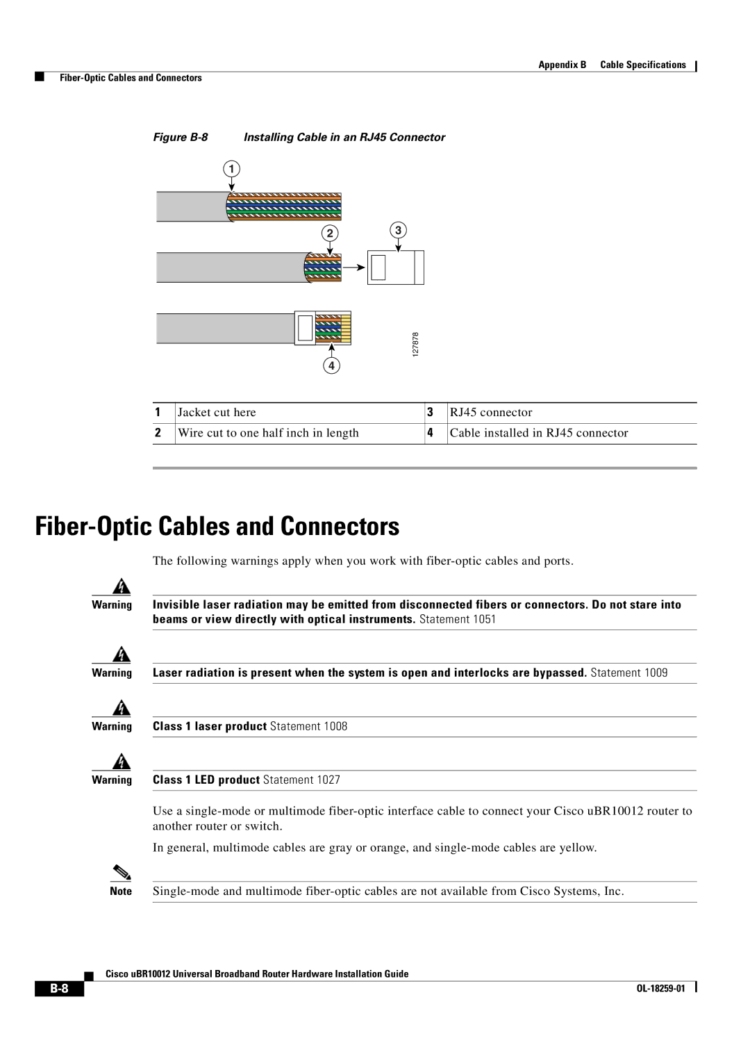 Cisco Systems Cisco uBR10012 manual Fiber-Optic Cables and Connectors, Figure B-8 Installing Cable in an RJ45 Connector 