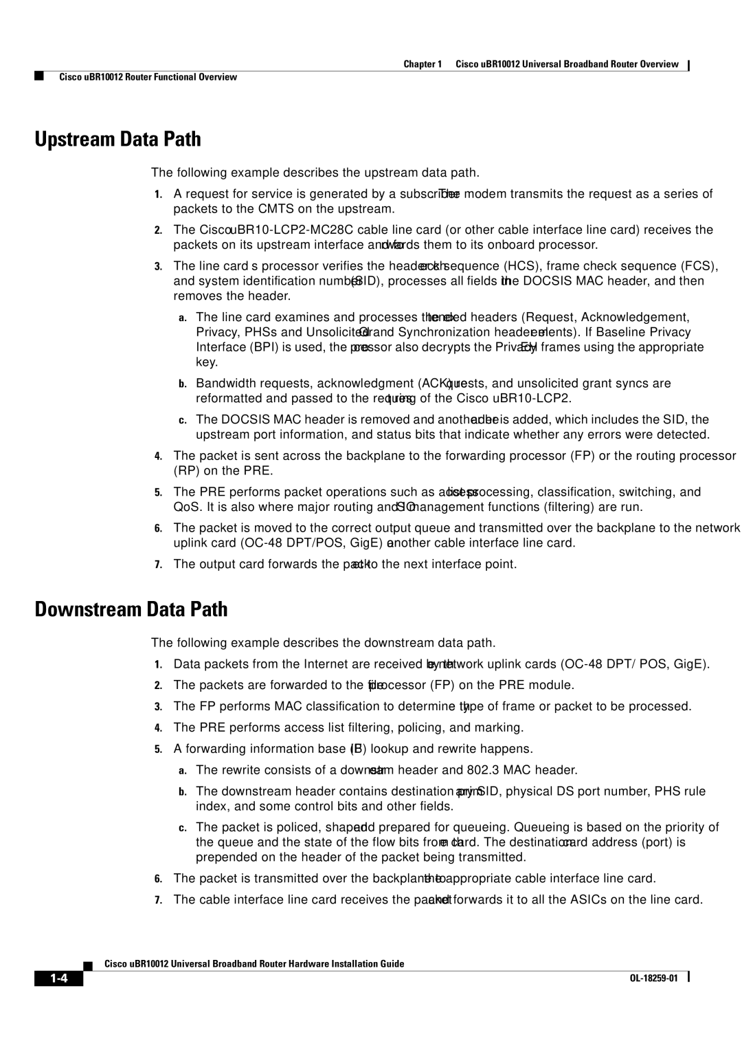 Cisco Systems Cisco uBR10012 manual Upstream Data Path, Downstream Data Path 