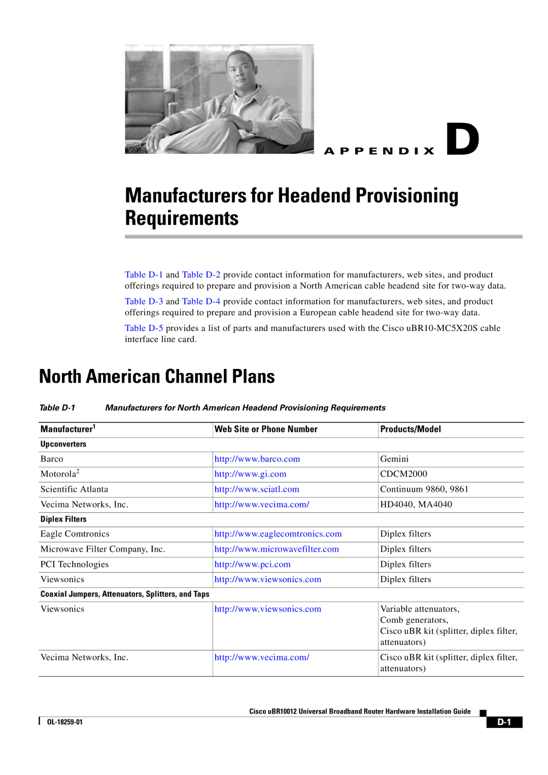 Cisco Systems Cisco uBR10012 manual North American Channel Plans, Manufacturer1 Web Site or Phone Number Products/Model 