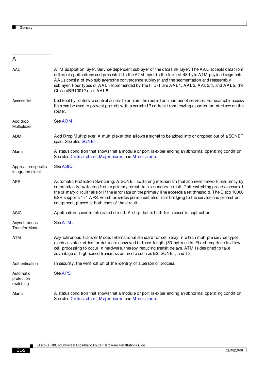 Cisco Systems Cisco uBR10012 manual See also Critical alarm, Major alarm, and Minor alarm, GL-2 