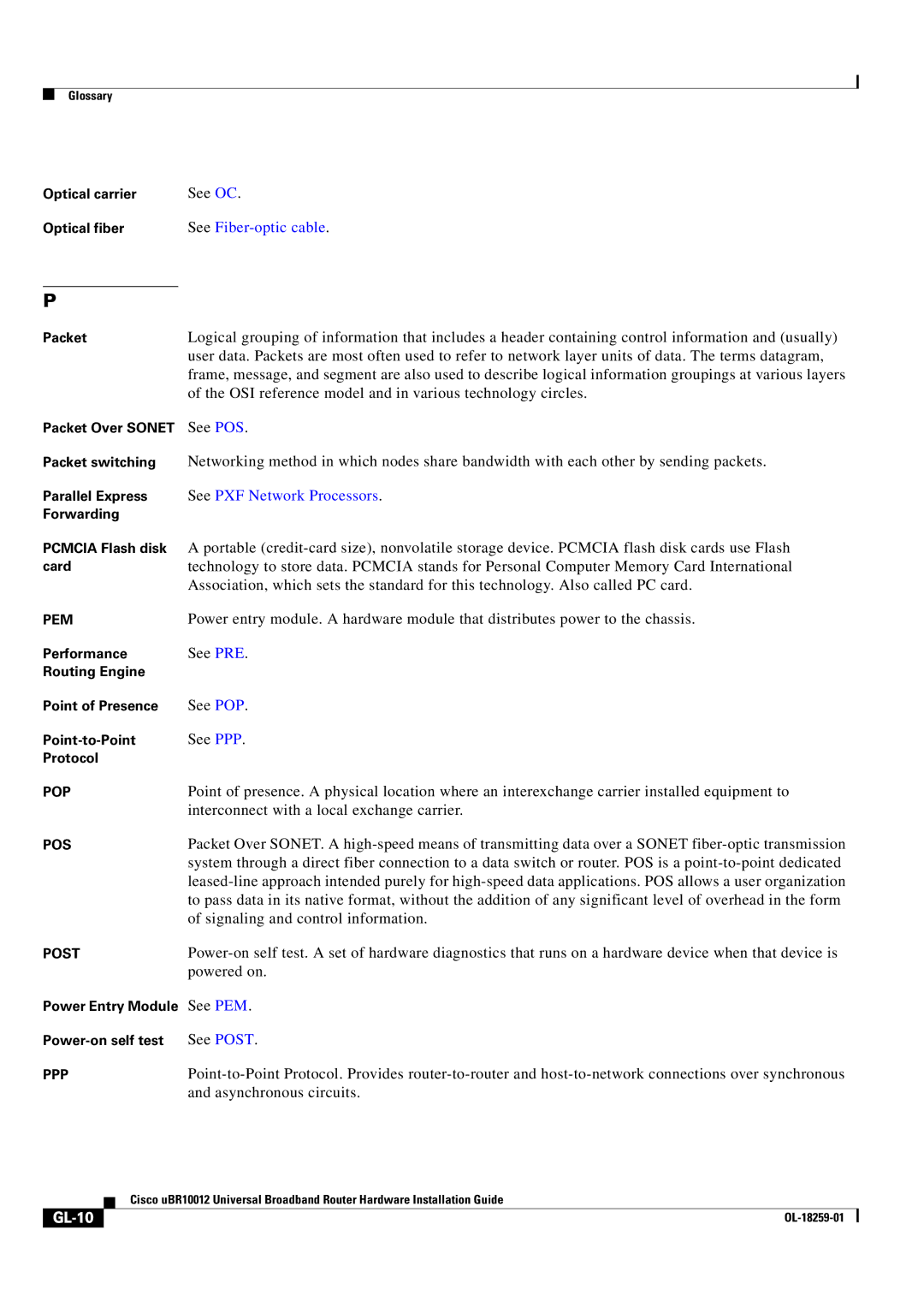 Cisco Systems Cisco uBR10012 manual See Fiber-optic cable, GL-10 