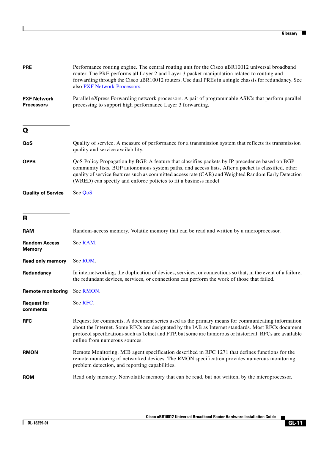 Cisco Systems Cisco uBR10012 manual Also PXF Network Processors, GL-11 