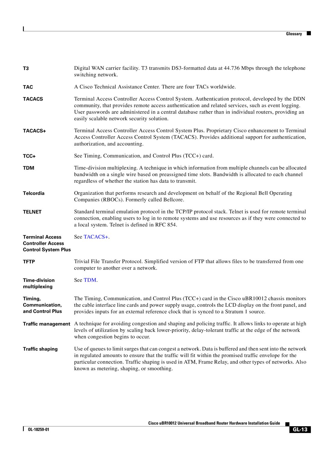 Cisco Systems Cisco uBR10012 manual GL-13, Tftp 