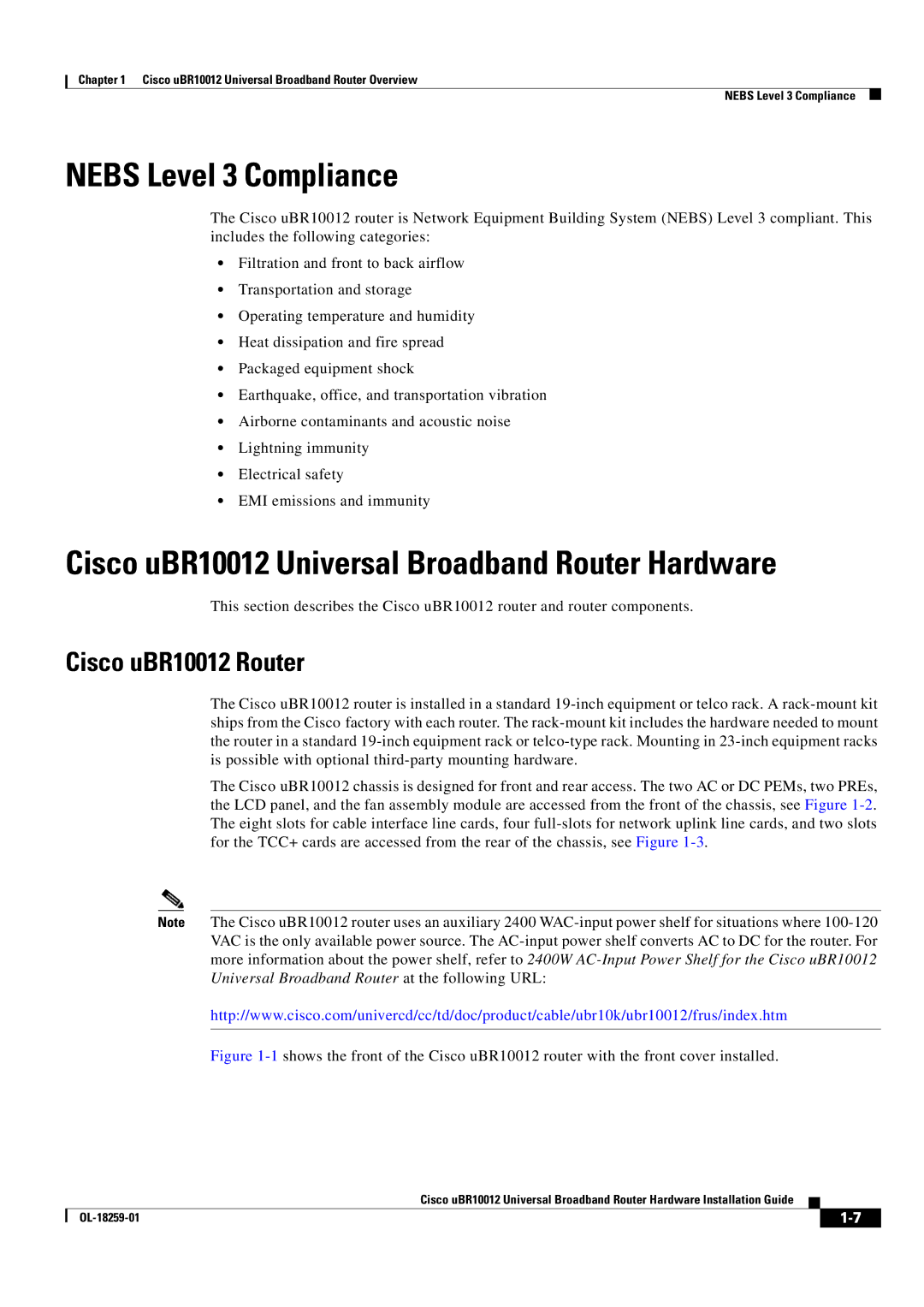 Cisco Systems manual Nebs Level 3 Compliance, Cisco uBR10012 Router 