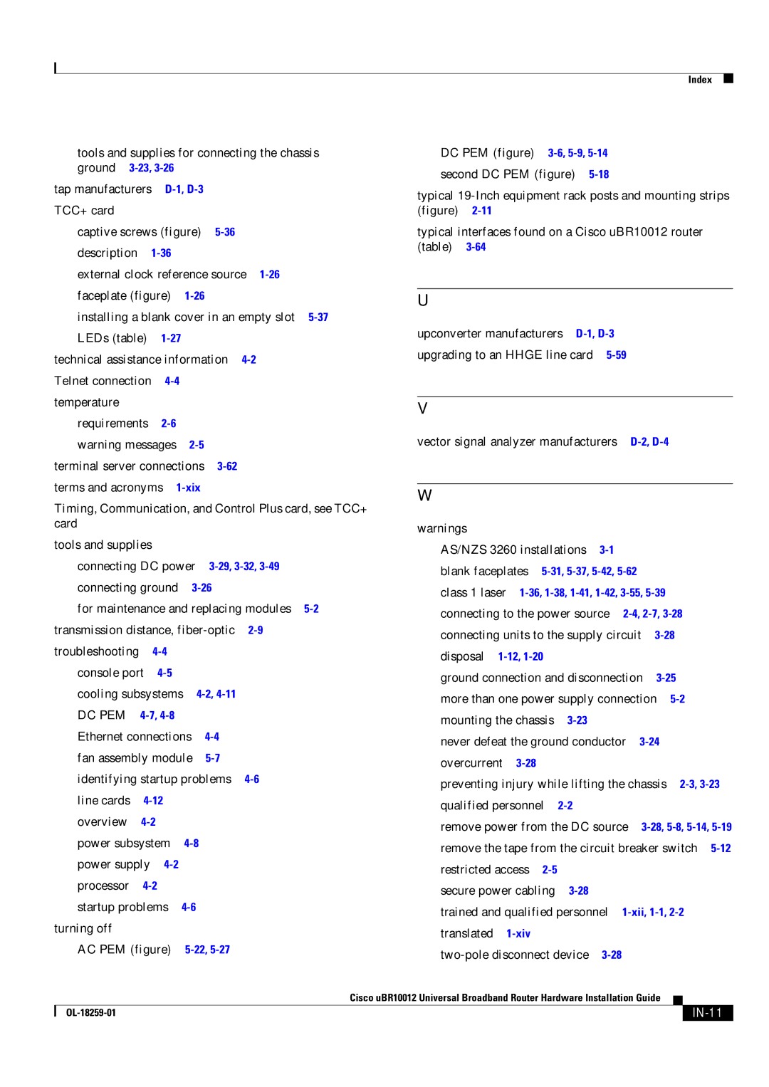 Cisco Systems Cisco uBR10012 manual Ground connection and disconnection, IN-11 