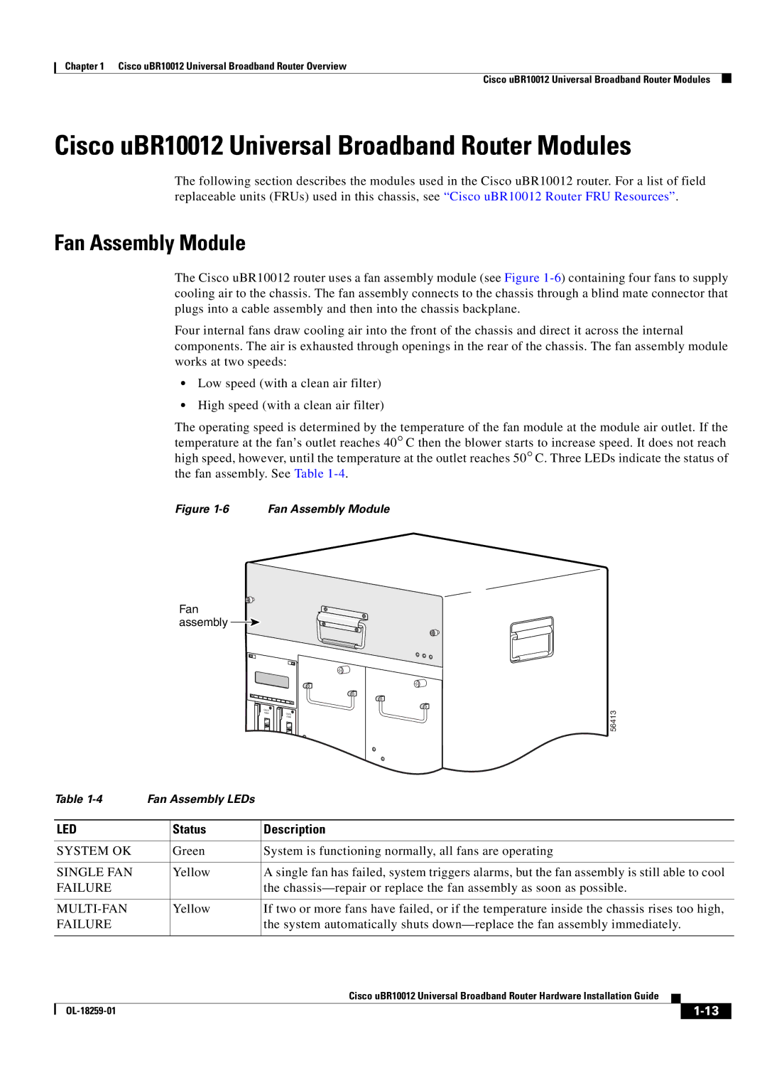 Cisco Systems manual Cisco uBR10012 Universal Broadband Router Modules, Fan Assembly Module, Status Description 